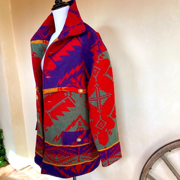 RALPH LAUREN COUNTRY Vtg 80s Colorful Wool Indian Blanket Coat Womans M USA RARE - Picture 4 of 16